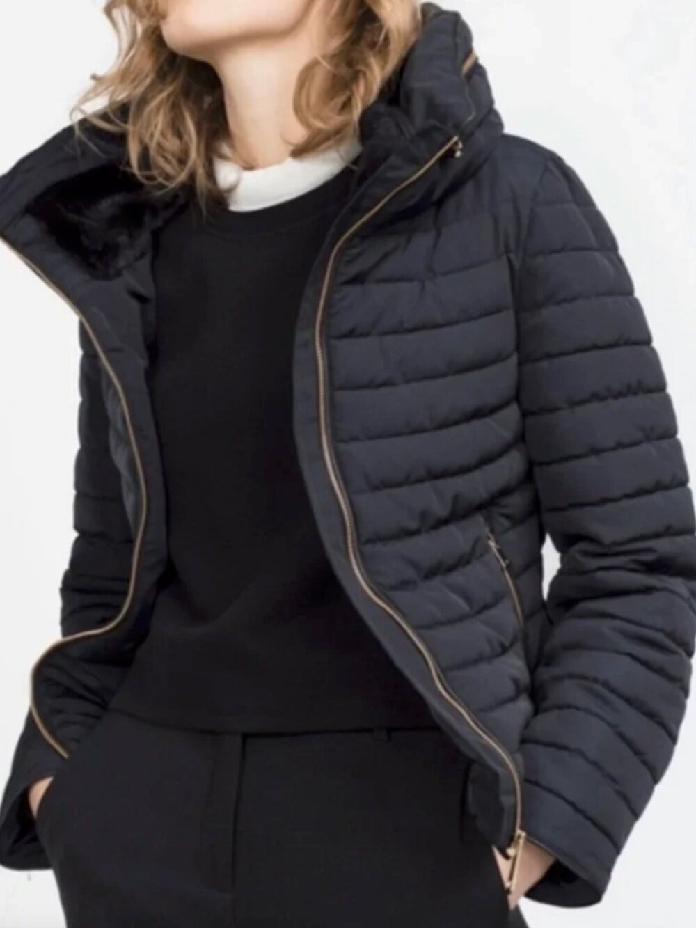 ZARA Navy Fur Collar Puffer Coat with Funnel Buckle Collar